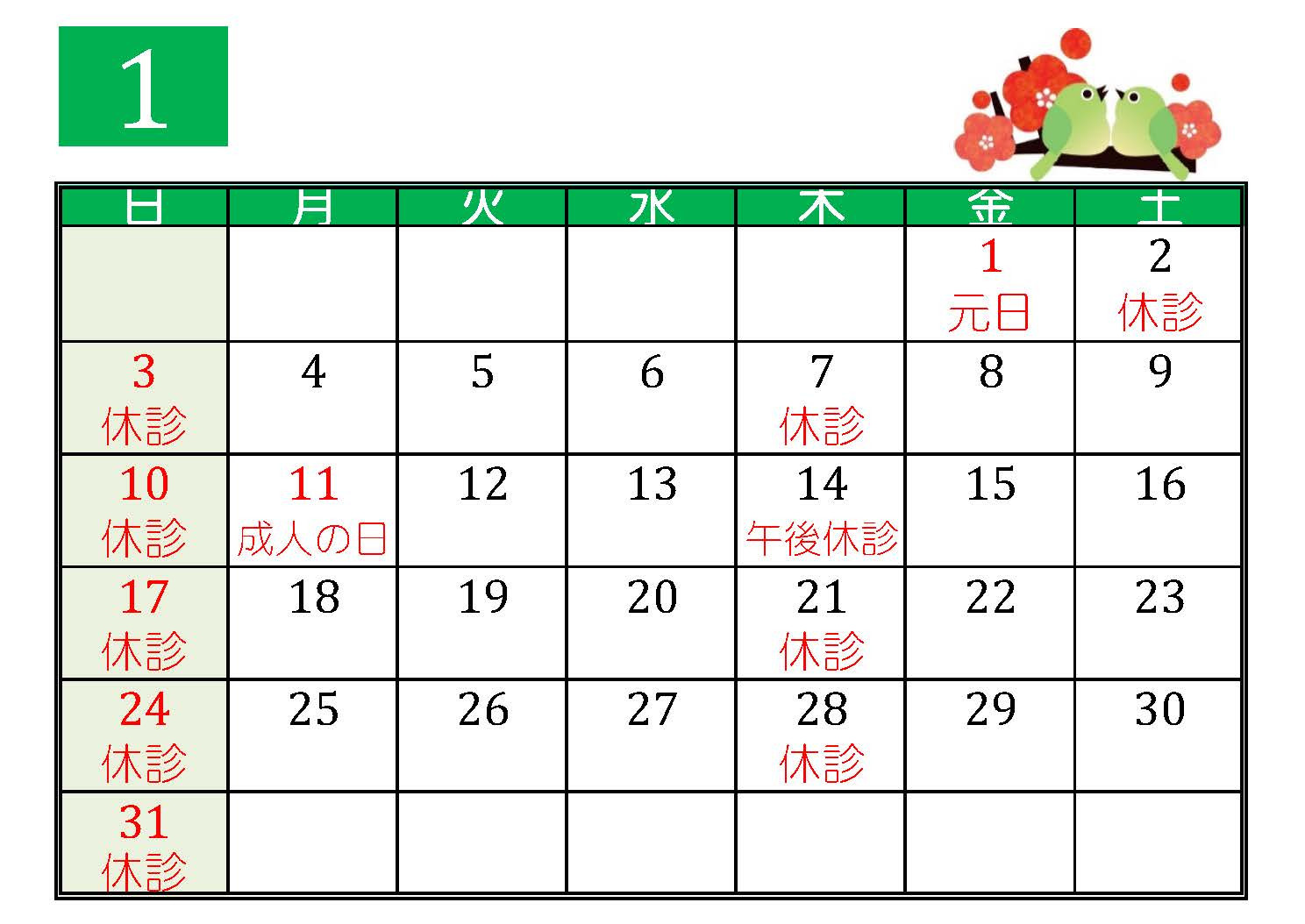1月の診療予定
